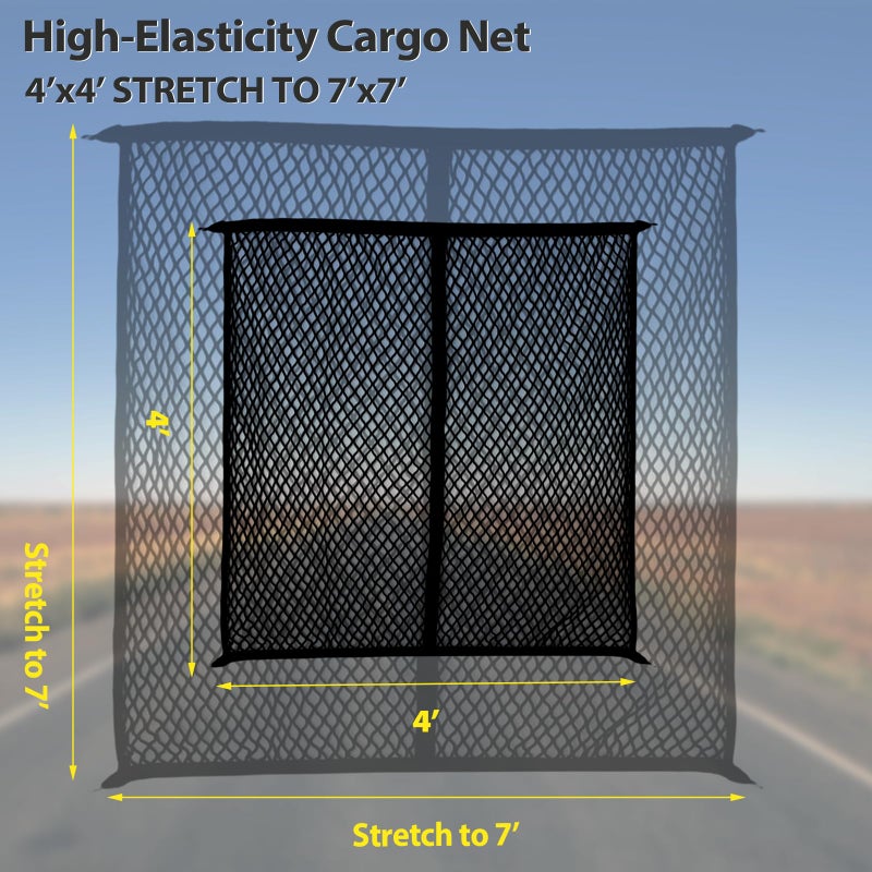 Isvo Cargo Net for Pickup Truck Bed  Trucks Cargo Net Mesh Organizer  4'x4' Stretch to 7'x7' Highly Elastic Truck Bed Net for Camping  Trip Luggage  Compatible with Trailer  Ford  Chevrolet  Dodge - Image 3